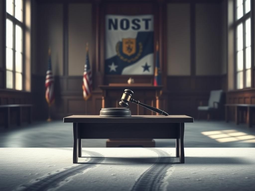 Flick International A stark, empty courtroom with a gavel on the judge's podium