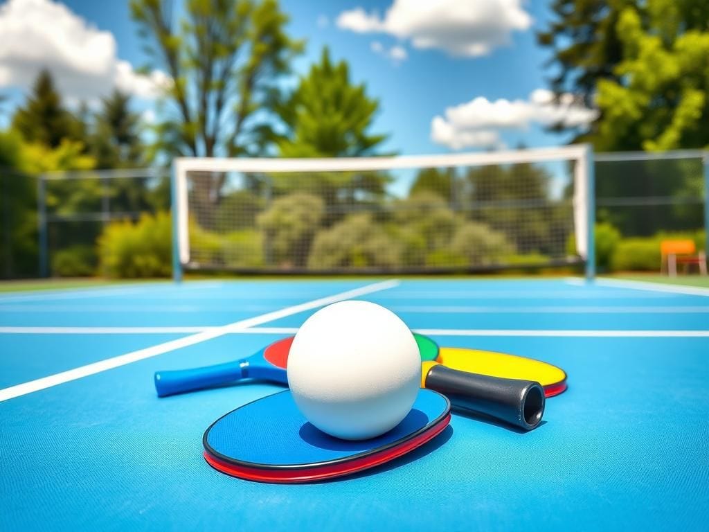 Flick International Outdoor pickleball court setup with colorful paddles and a shiny white pickleball