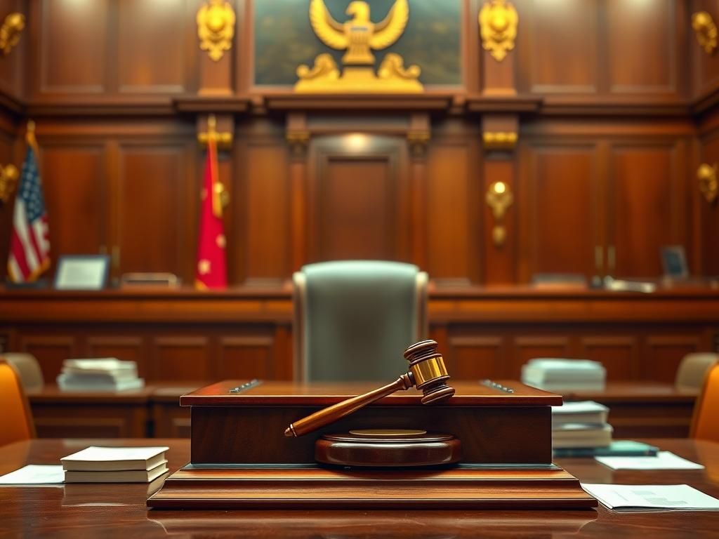 Flick International Vibrant courtroom scene featuring an empty witness stand with a colorful wig and gavel on a polished wooden desk