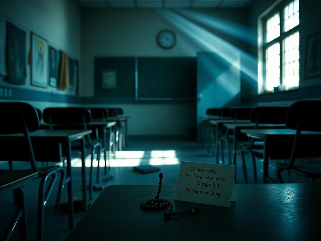 Flick International A dimly lit classroom in a Catholic school after a shooting, with desks askew and a child's prayer card visible