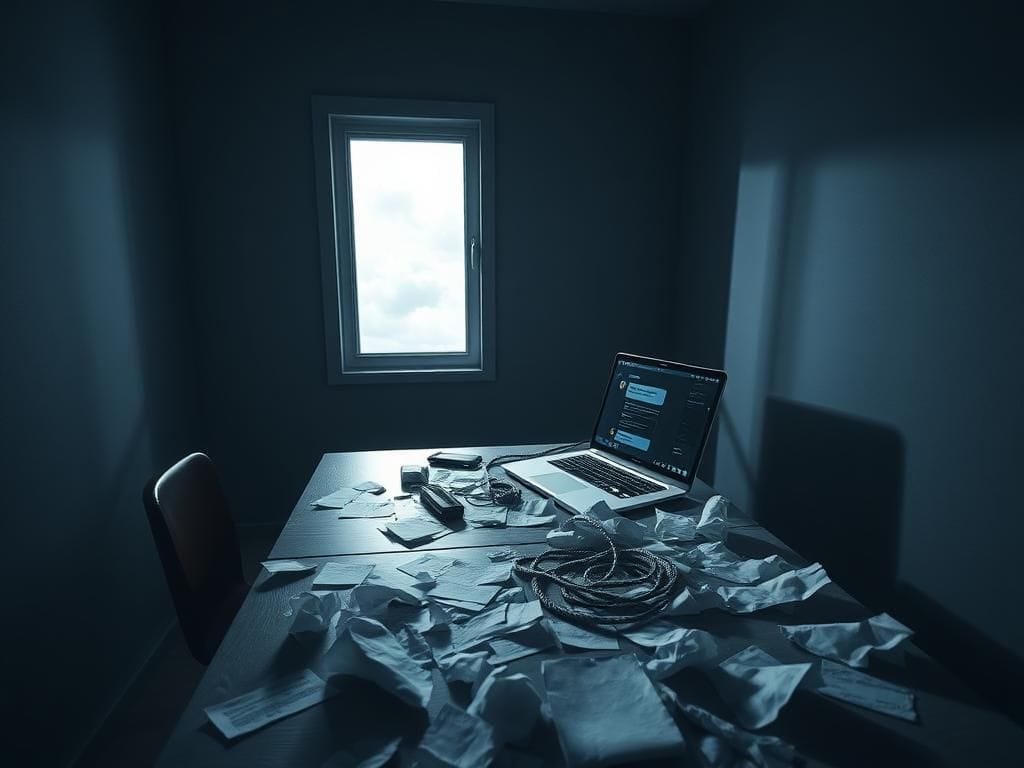 Flick International A dimly lit room with an empty desk cluttered with crumpled paper and a laptop displaying an AI conversation interface.