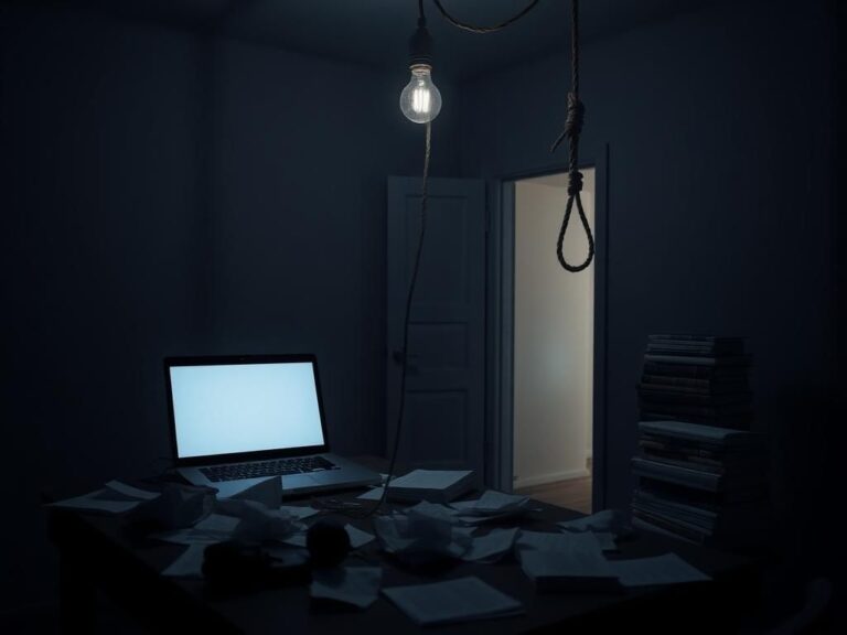 Flick International A dark room showing an empty desk with a laptop and a noose, symbolizing mental health struggles and technology's role.