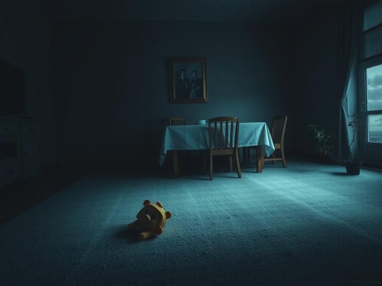 Flick International Dimly lit living room with an abandoned child's toy and a crooked family portrait, illustrating the tragedy of loss and neglect.