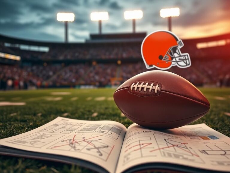 Flick International Dynamic football field at dusk with stadium lights and a polished football on a playbook