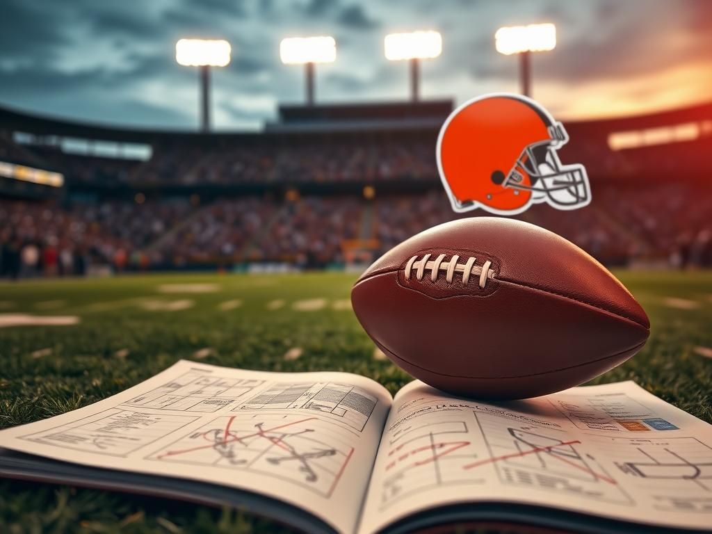 Flick International Dynamic football field at dusk with stadium lights and a polished football on a playbook