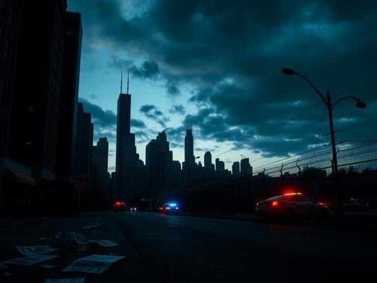 Flick International Dark Chicago cityscape at dusk highlighting crime and tension
