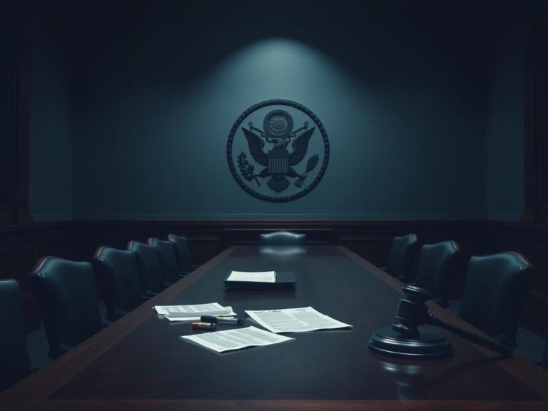 Flick International A dimly lit congressional hearing room with a polished wooden table and empty chairs symbolizing absent witnesses.