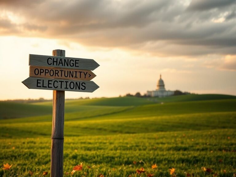 Flick International Serene landscape of Iowa with a weathered signpost symbolizing political change