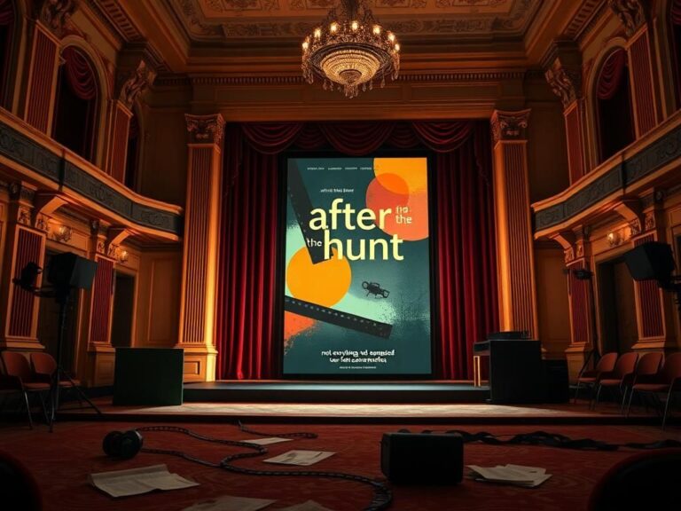 Flick International Serene theater scene at Venice Film Festival with a vibrant movie poster for 'After the Hunt'