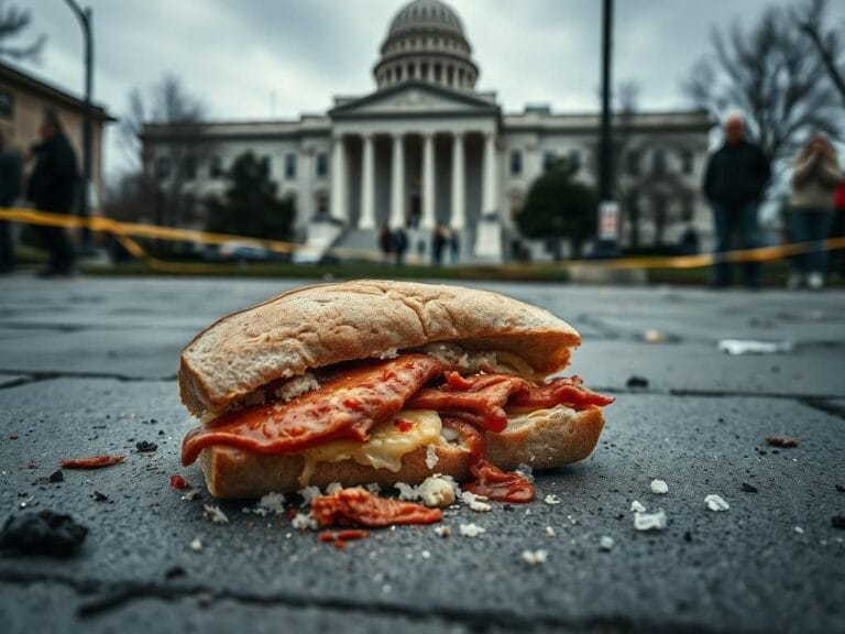 Flick International sandwich lying on the ground near a federal building, symbolizing disruption