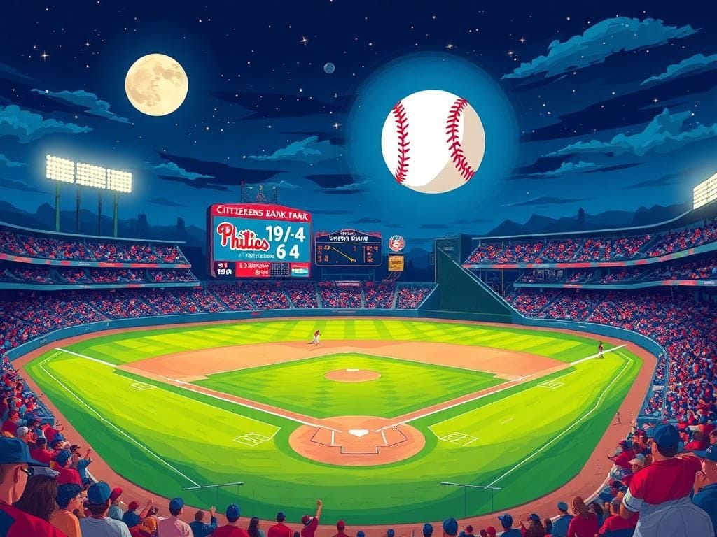 Flick International A baseball soaring through the air during a night game at Citizens Bank Park, symbolizing Kyle Schwarber's historic four home runs.