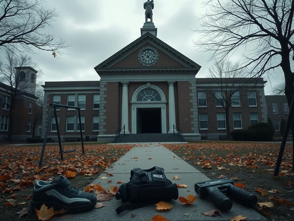 Flick International Exterior view of a Minneapolis Catholic school, showcasing its grand architecture under a cloudy sky, evoking a sense of sadness