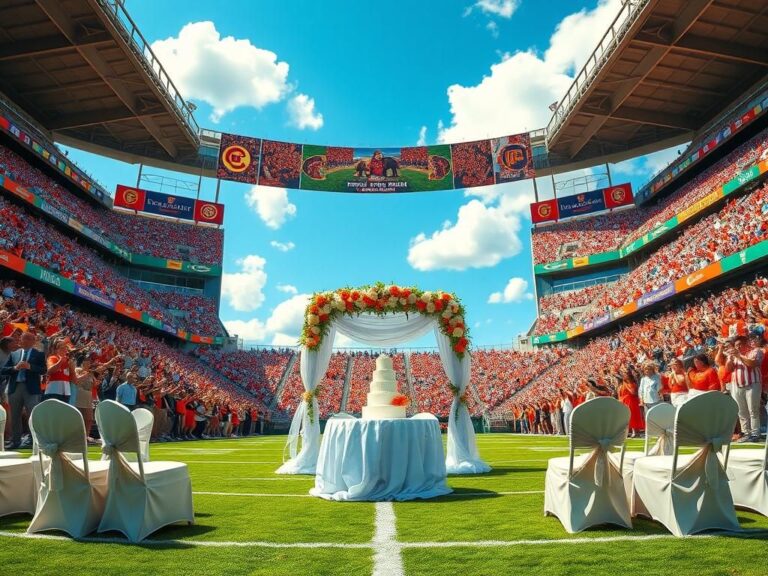 Flick International A humorous wedding setup in a vibrant college football stadium