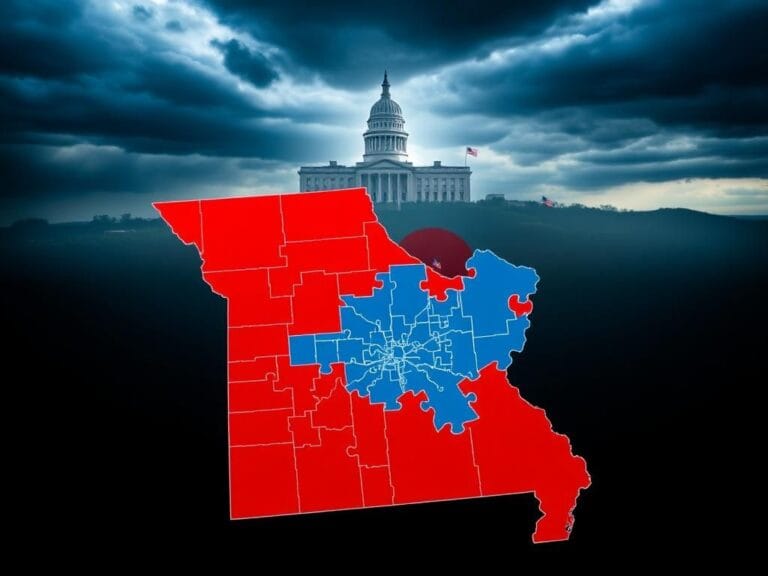 Flick International Aerial view of a stylized map of Missouri highlighting congressional districts with a focus on Kansas City