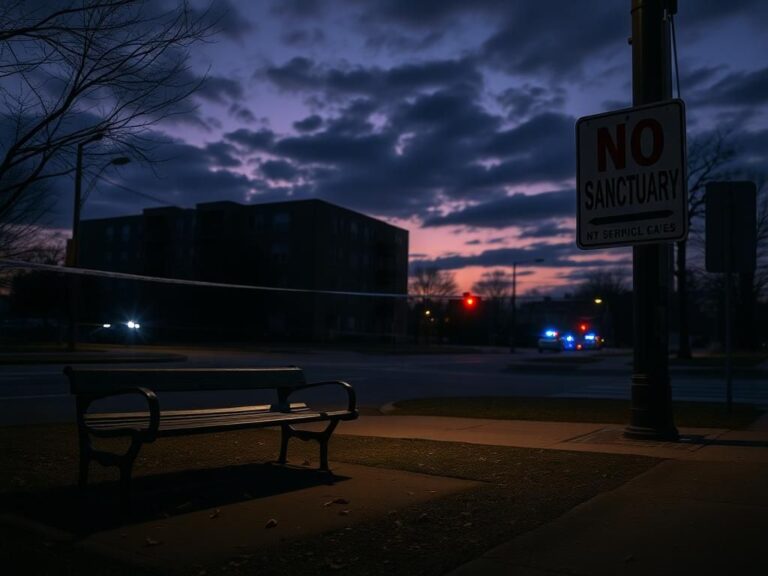 Flick International Dimly lit street corner in Springfield, Illinois, with police lights and empty park bench