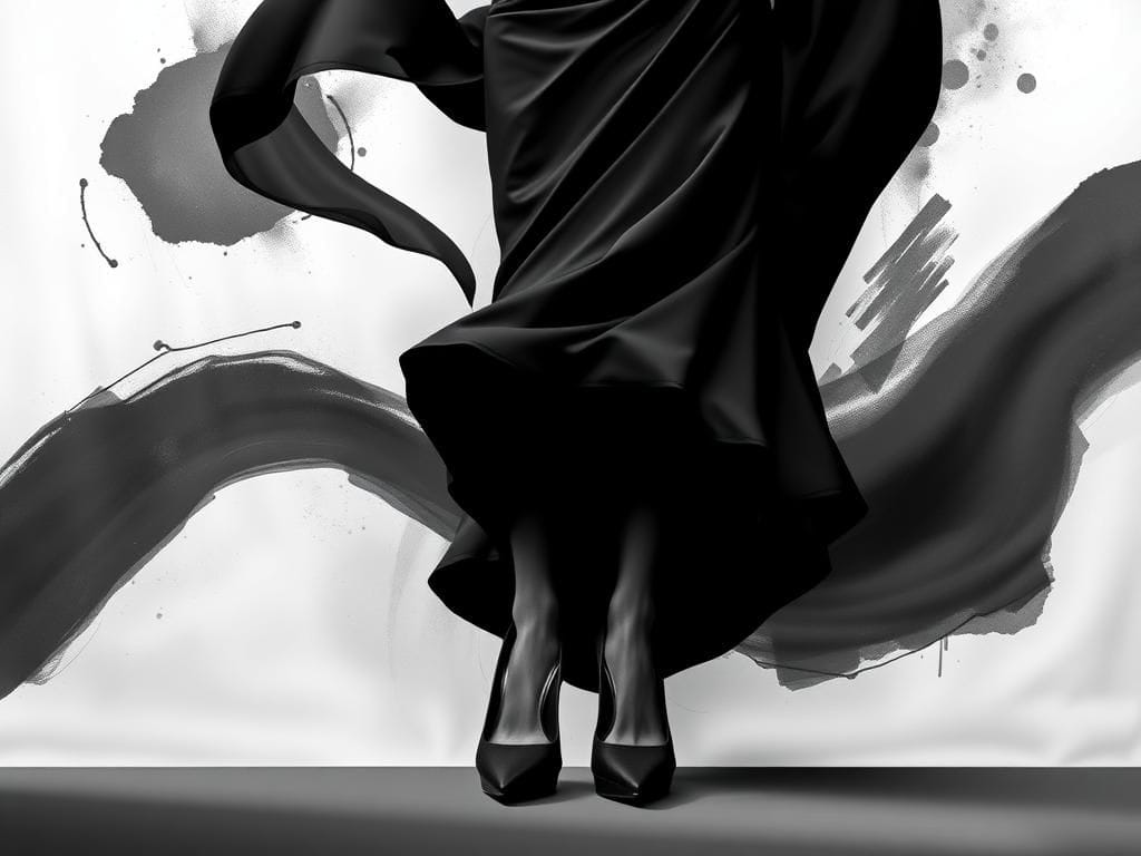 Flick International Dramatic black and white album cover design featuring abstract shapes and an elegant black dress symbolizing empowerment.