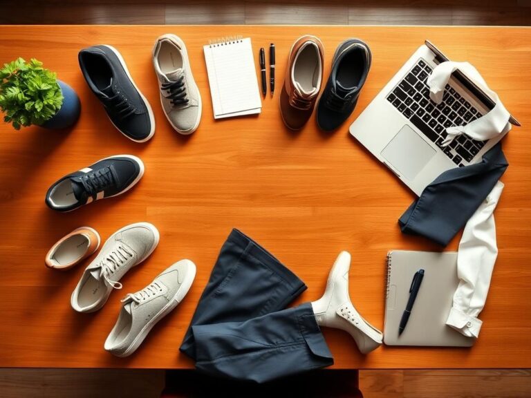 Flick International A stylish flat lay of office-ready sneakers on a polished wooden desk