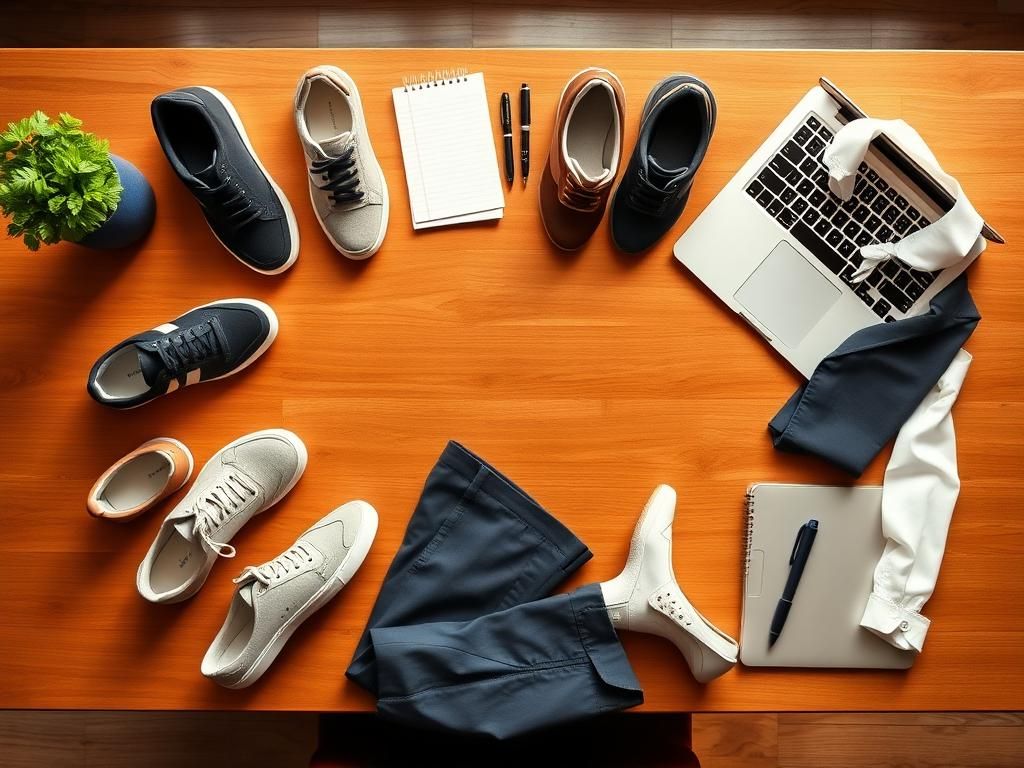 Flick International A stylish flat lay of office-ready sneakers on a polished wooden desk
