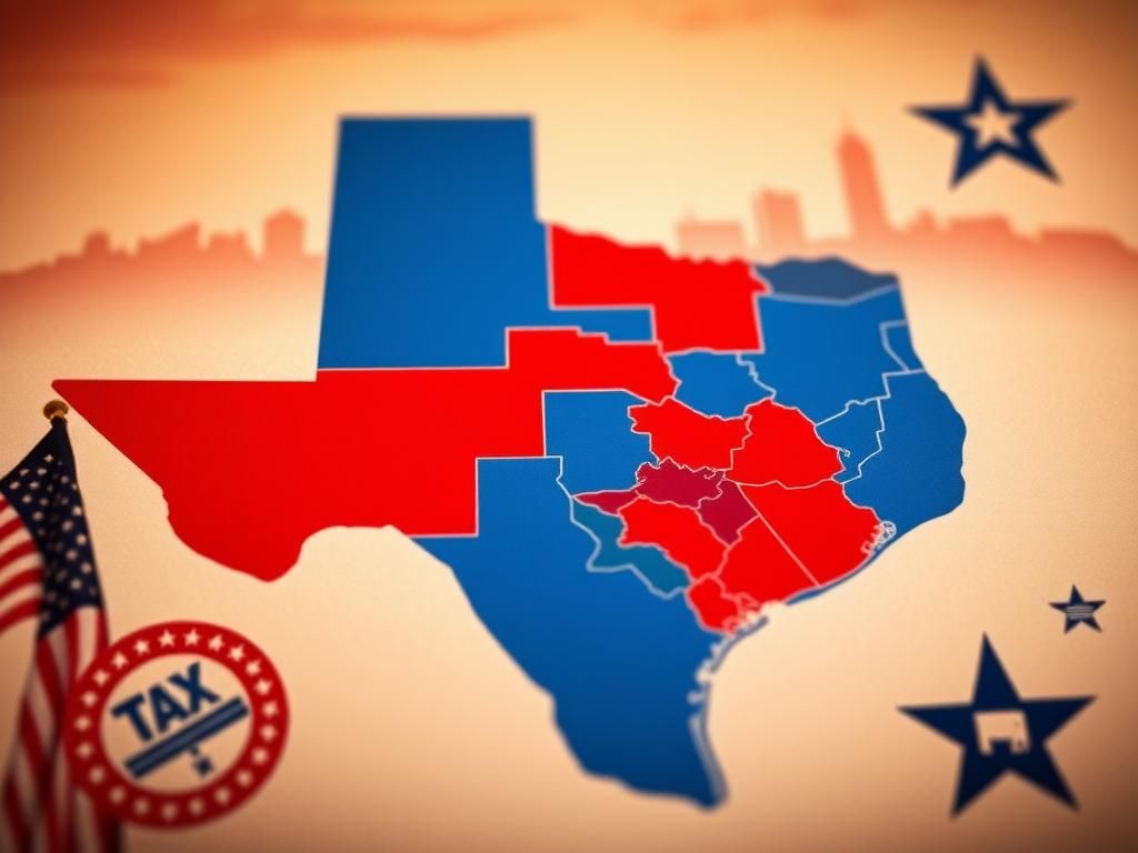 Flick International Close-up view of the Texas state map showing new congressional districts in red and blue hues with a Texas skyline backdrop