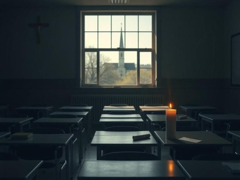 Flick International Vividly depicts a quiet, empty Catholic school classroom with a single lit candle, symbolizing loss