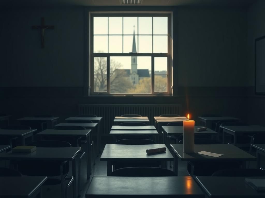 Flick International Vividly depicts a quiet, empty Catholic school classroom with a single lit candle, symbolizing loss