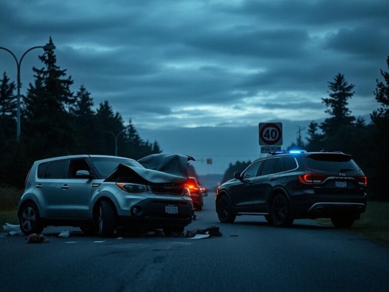 Flick International Crashed silver Kia Soul and red Dodge Durango at dusk on a quiet road