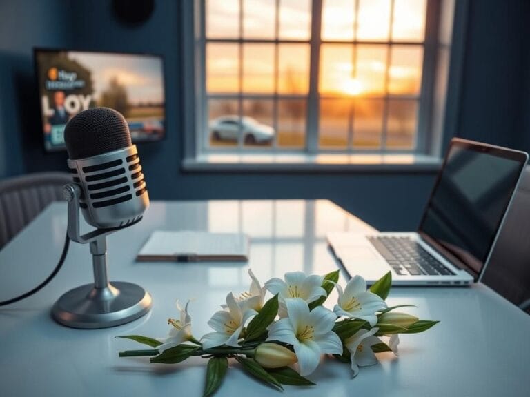 Flick International Serene newsroom setting with an empty desk and vintage news anchor microphone