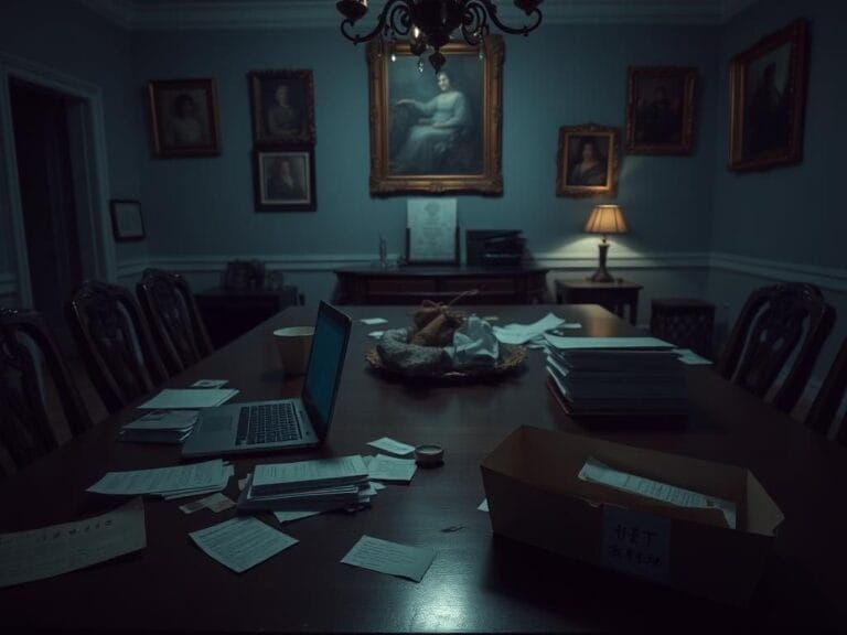 Flick International A somber interior of a Dutch colonial home featuring a wooden dining table with a laptop displaying ChatGPT, hinting at distress.