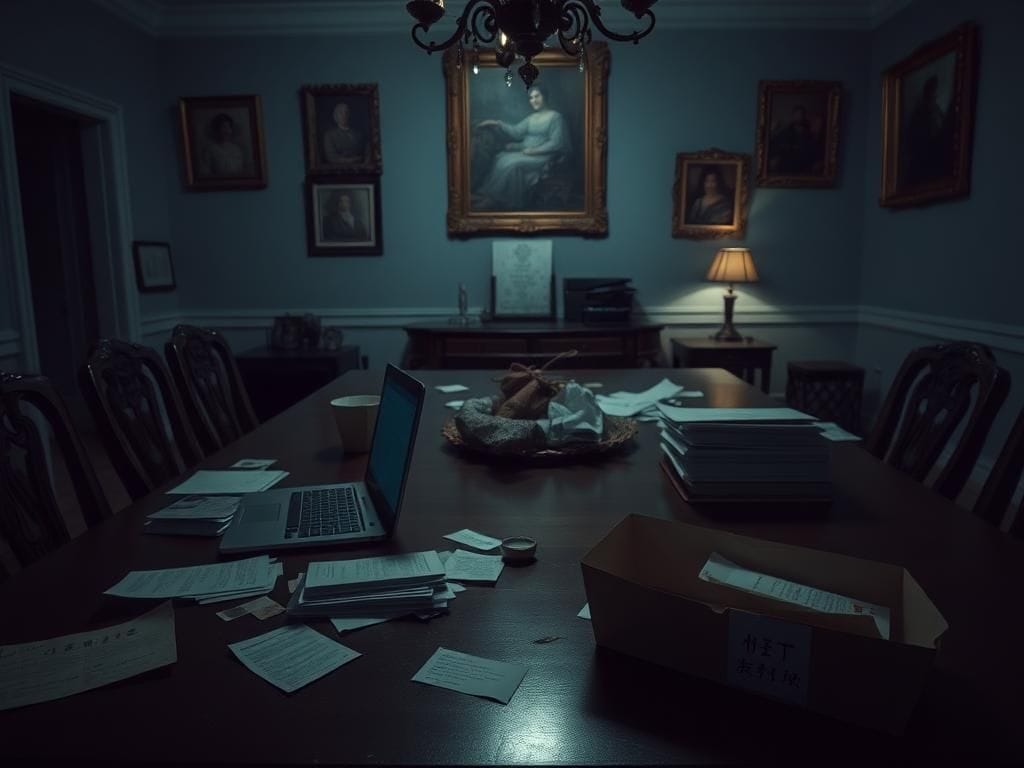 Flick International A somber interior of a Dutch colonial home featuring a wooden dining table with a laptop displaying ChatGPT, hinting at distress.