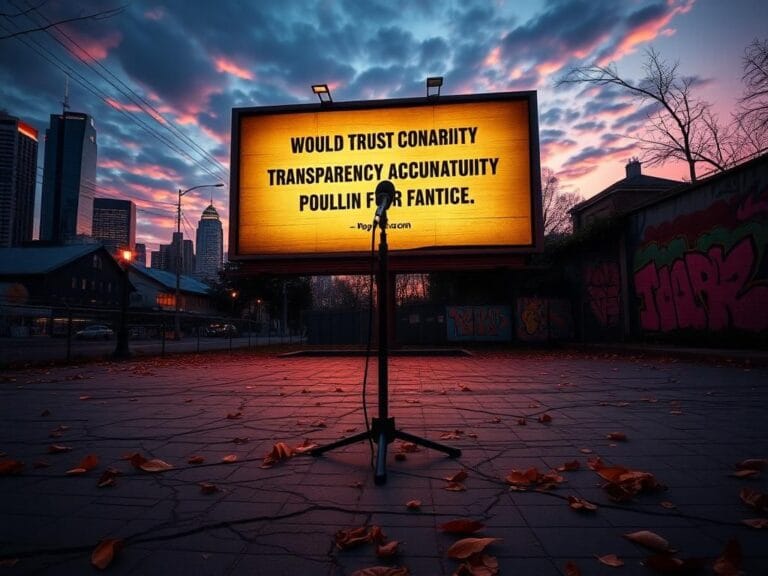 Flick International A vibrant urban setting with a large billboard about political transparency and accountability at dusk.