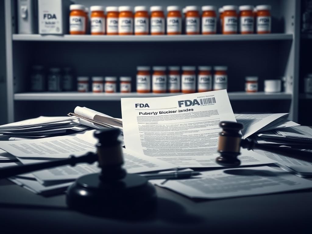 Flick International Medical laboratory featuring a cluttered desk with paperwork on FDA puberty blocker guidance