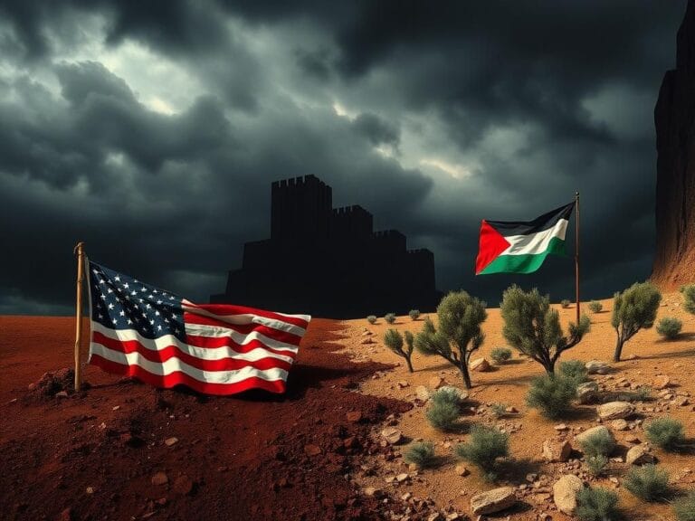 Flick International A dramatic scene showcasing a crumbling American flag and a vibrant Palestinian flag against a tumultuous sky