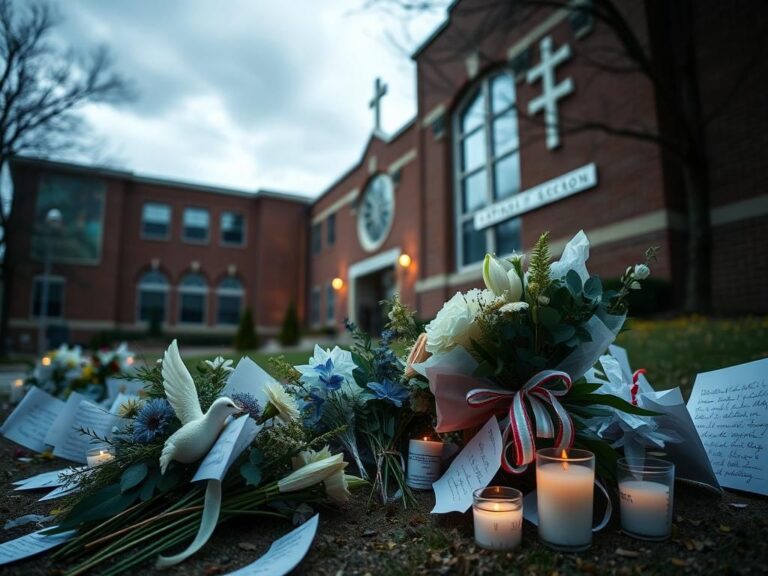 Flick International Memorial with flowers and candles honoring victims of the Minneapolis school shooting