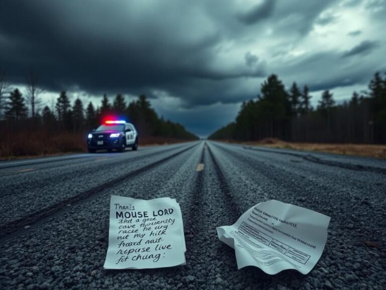 Flick International A deserted Maine roadside with tire tracks leading away and a police vehicle parked nearby