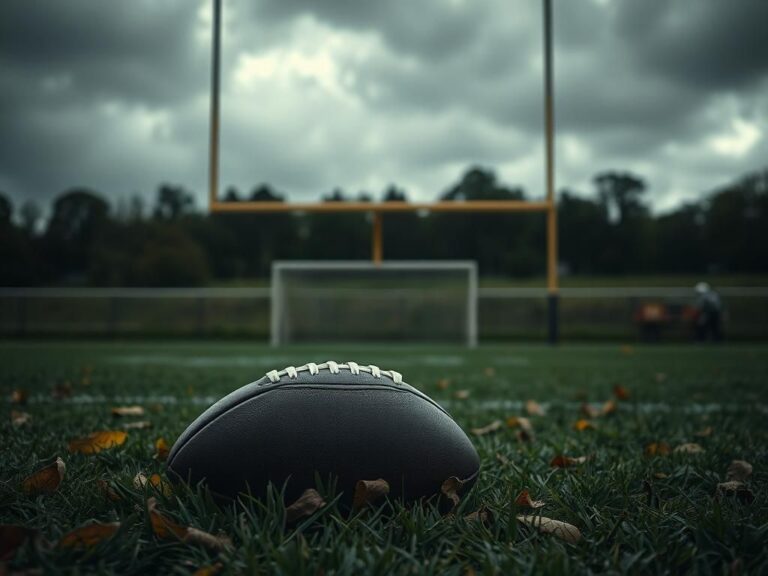 Flick International A moody football scene at training camp with a football on grass and autumn leaves