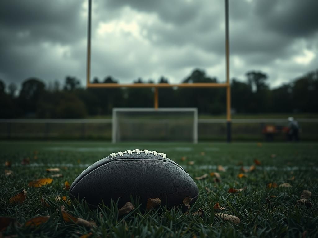 Flick International A moody football scene at training camp with a football on grass and autumn leaves