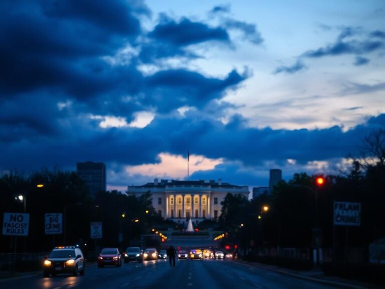 Flick International Dramatic dusk skyline of Washington, D.C. with the White House in focus and protest signs on deserted streets