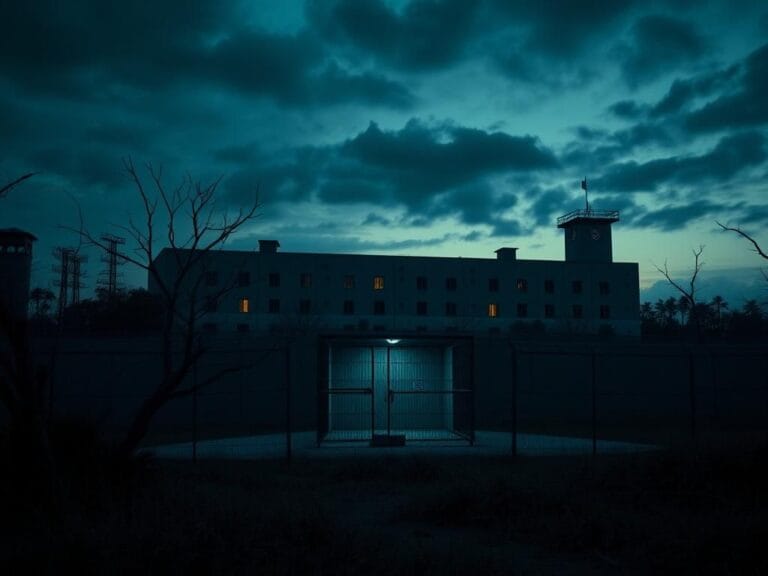 Flick International Ominous landscape of a Florida prison at dusk emphasizing the atmosphere of executions.
