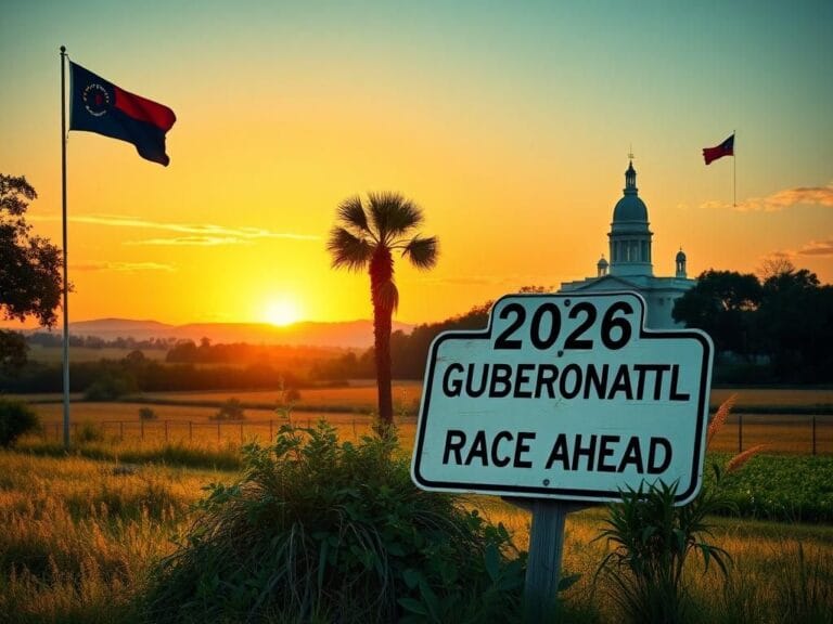 Flick International A silhouette of the South Carolina State House at sunset with a weathered road sign for the 2026 gubernatorial race ahead.