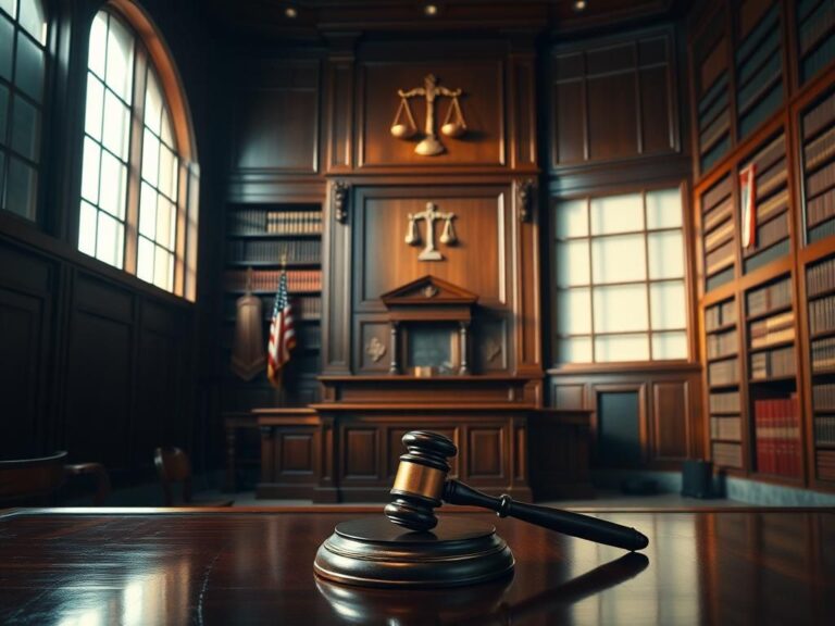 Flick International Empty courtroom interior with judge's bench and legal books