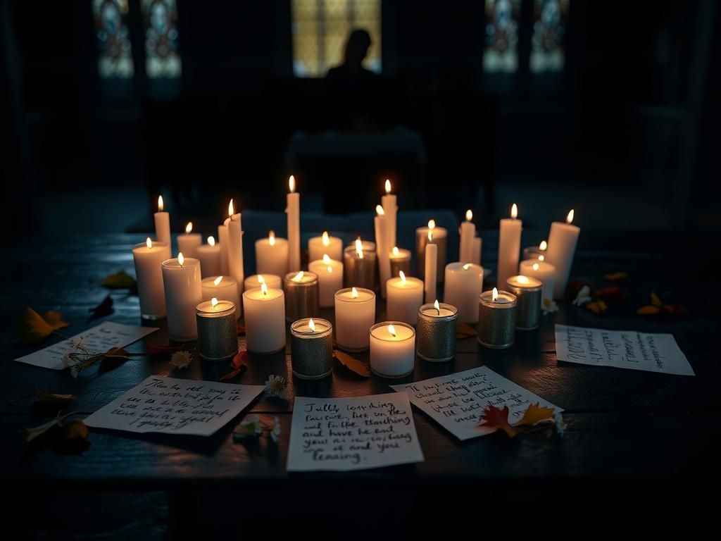 Flick International Candlelight vigil scene with lit candles arranged in a heart shape on a dark wooden surface, surrounded by notes and flowers