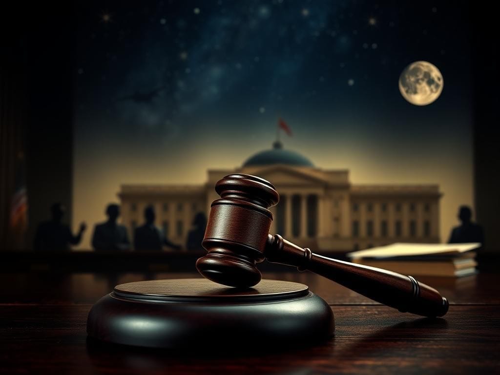 Flick International A large wooden gavel on a polished mahogany table in a courtroom setting with a celestial sky above