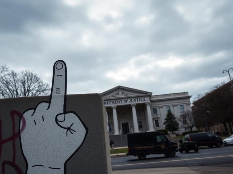 Flick International A dramatic urban scene showing the exterior of the Department of Justice in Washington, D.C., with a symbol of defiance integrated into the architecture.