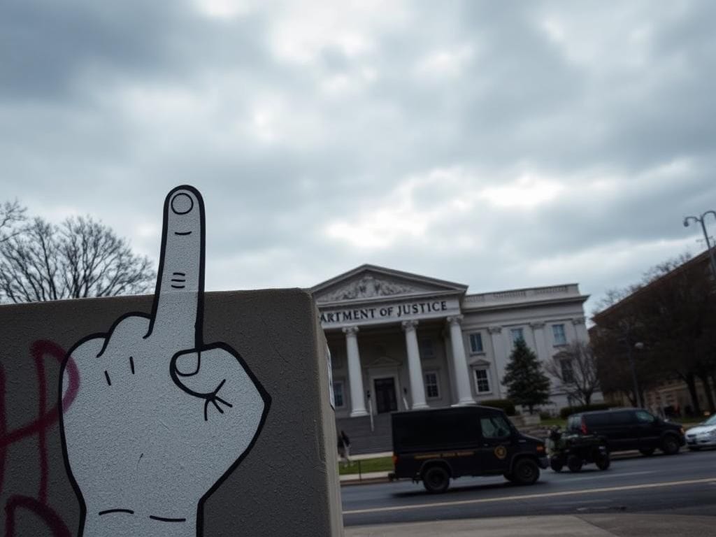 Flick International A dramatic urban scene showing the exterior of the Department of Justice in Washington, D.C., with a symbol of defiance integrated into the architecture.