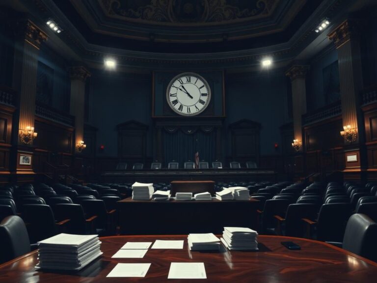 Flick International Dramatic view of the U.S. Senate chamber with empty seats and illuminated podium