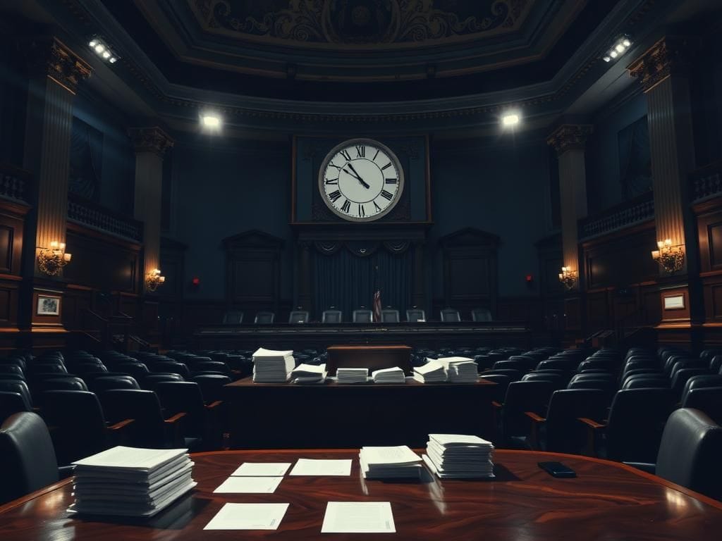 Flick International Dramatic view of the U.S. Senate chamber with empty seats and illuminated podium