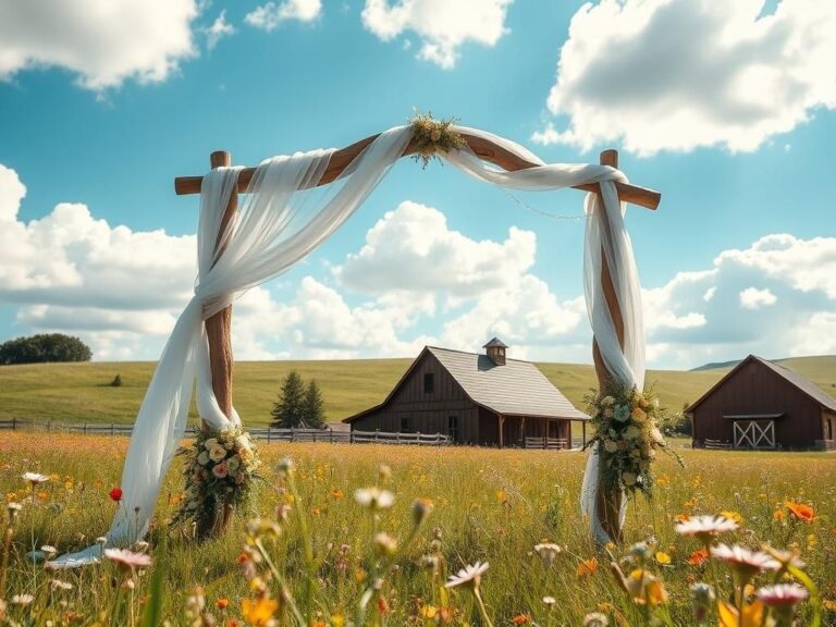 Flick International Whimsical outdoor wedding scene with a wooden arch and vibrant wildflowers