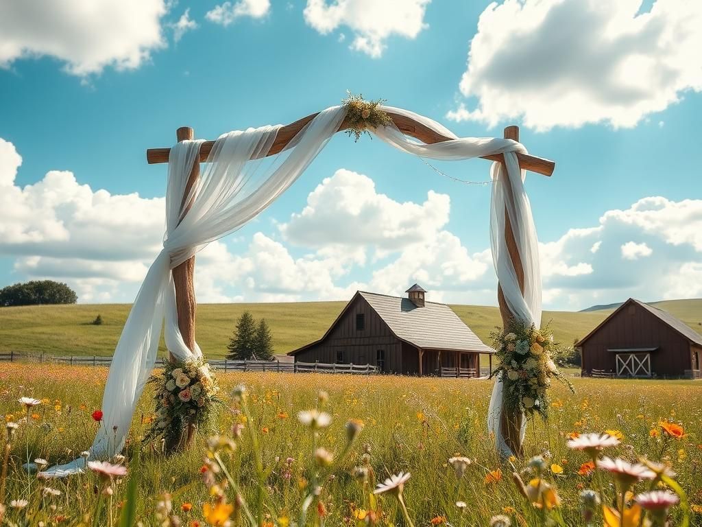 Flick International Whimsical outdoor wedding scene with a wooden arch and vibrant wildflowers