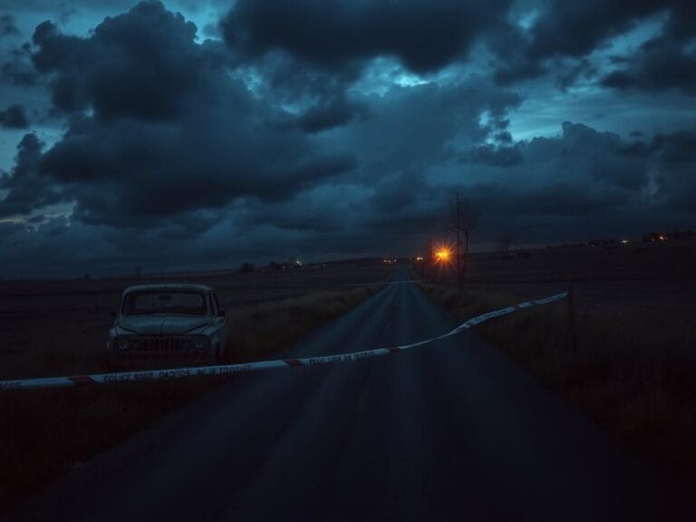 Flick International Abandoned country road with ominous clouds and police barricade tape