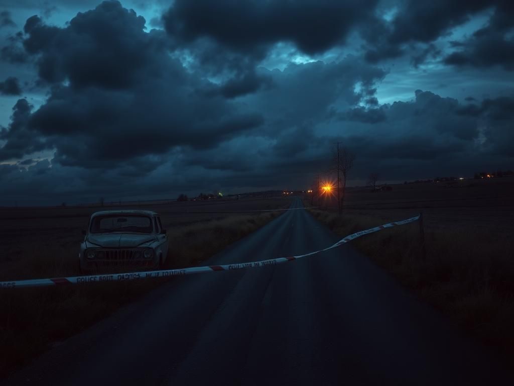 Flick International Abandoned country road with ominous clouds and police barricade tape